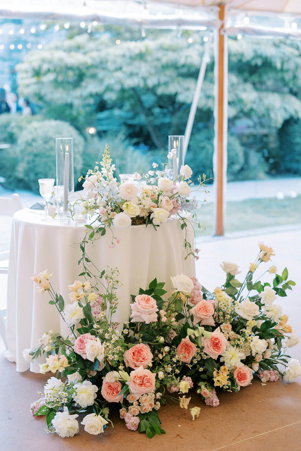 pink, blush , white and greenery floral design for sweetheart table