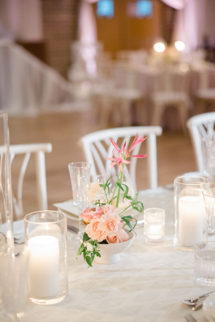 light pink and white pin frog floral centerpiece