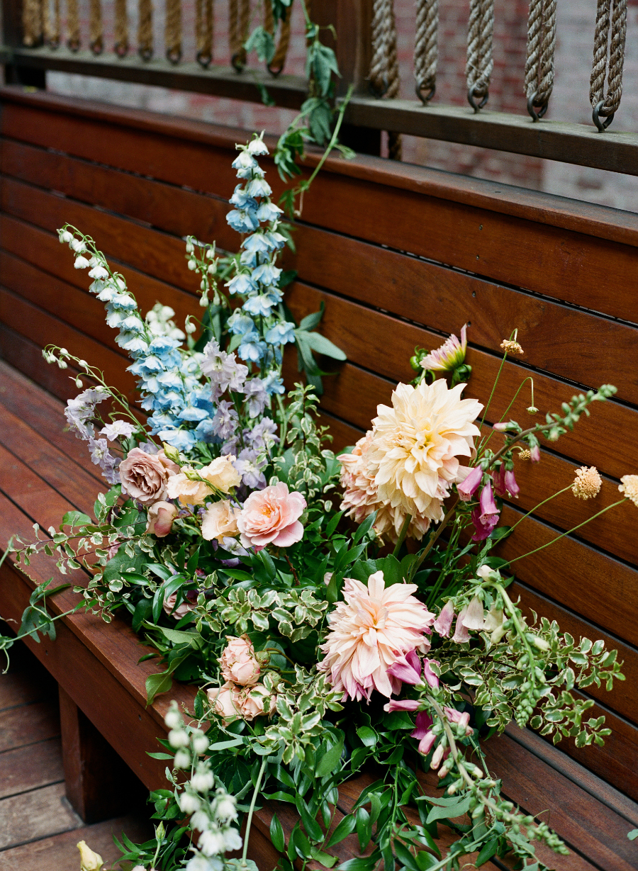 pink, blush, blue and greenery floral design 