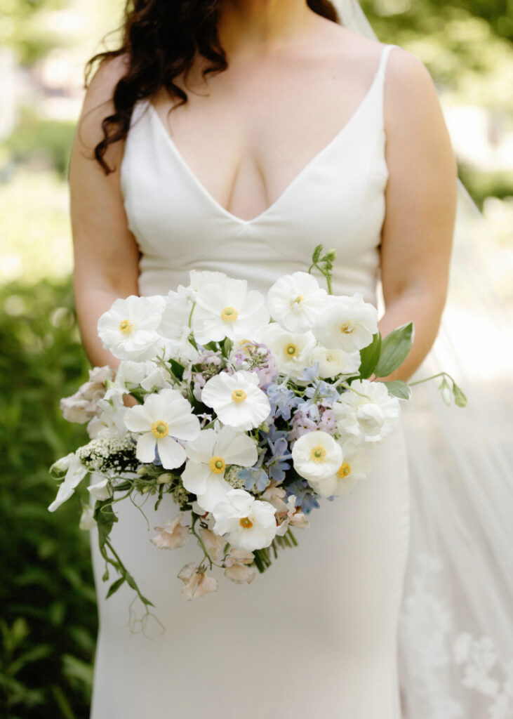 Brides elegant bouquet on her wedding day 