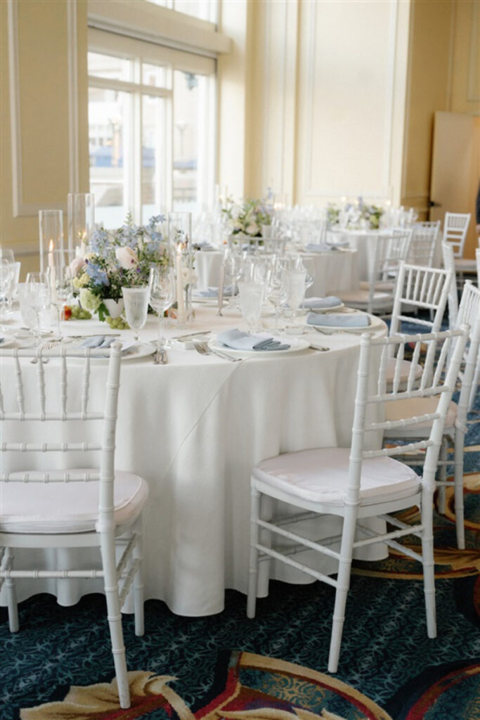 Light and airy tablescapes at the reception at the Boston Harbor Hotel 